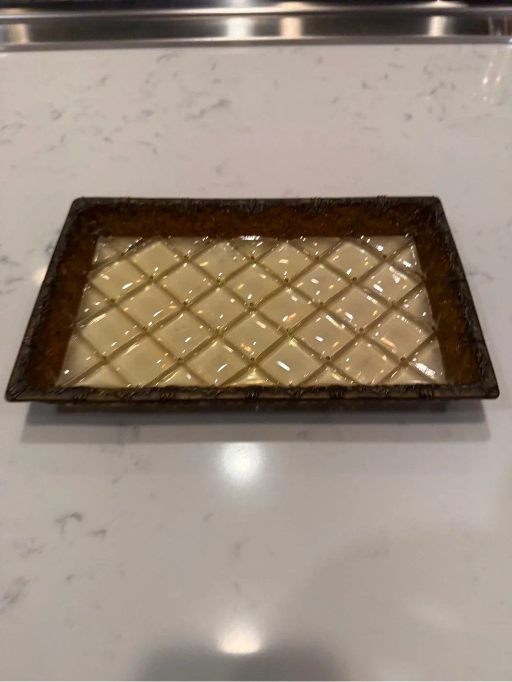 Vintage Amber Faux Glass Decorative Vanity Tray Brass Tone Filigree Catchall